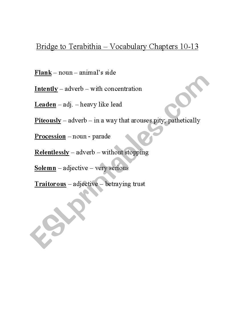 Bridge to Terabithia Vocabulary Chapters 10-13