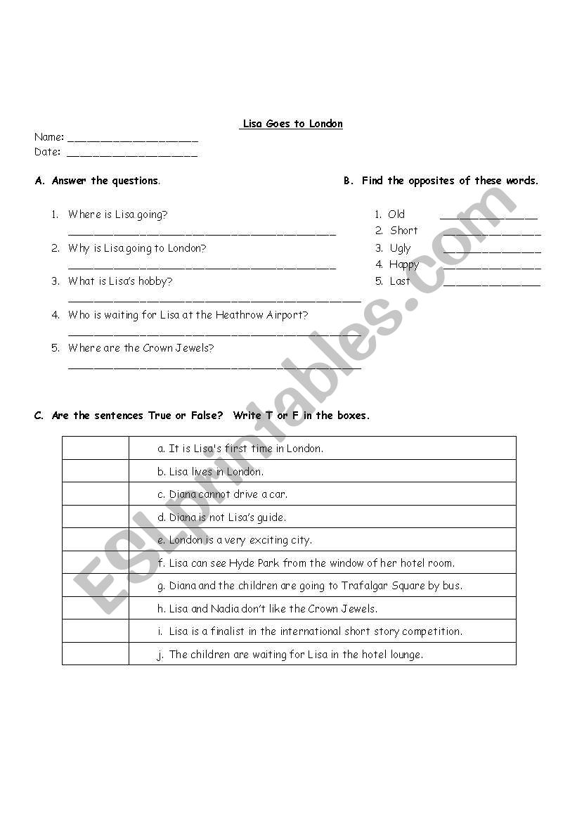 Lisa goes to London worksheet