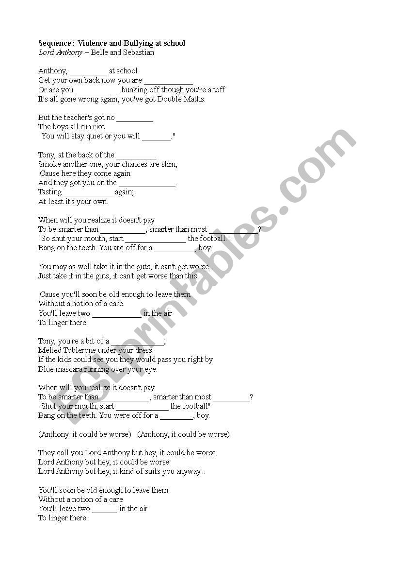 Song about bullying worksheet