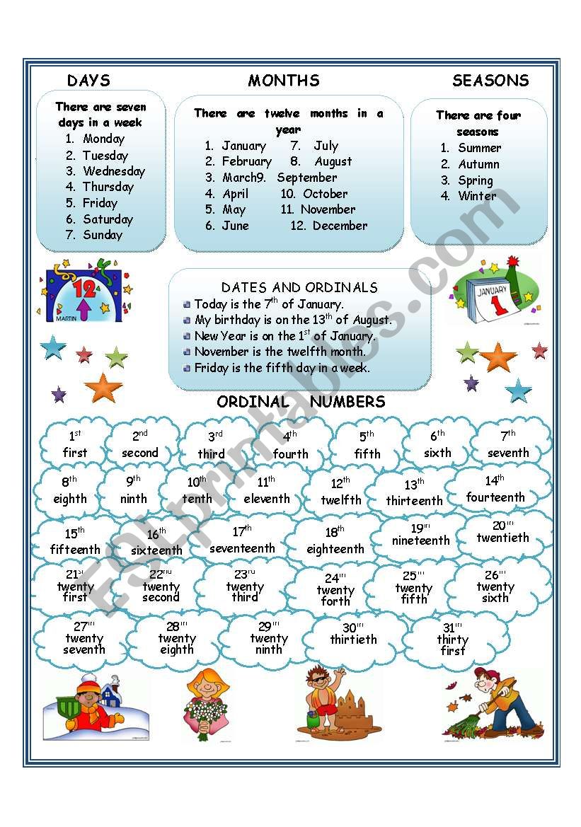 Days, Months, Seasons, Ordinal Numbers and Dates