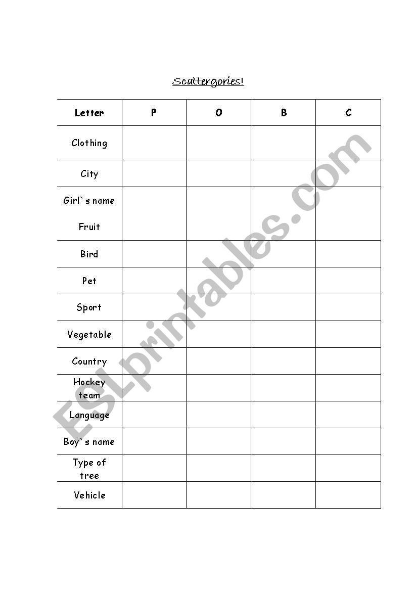 Scattergories 1 worksheet