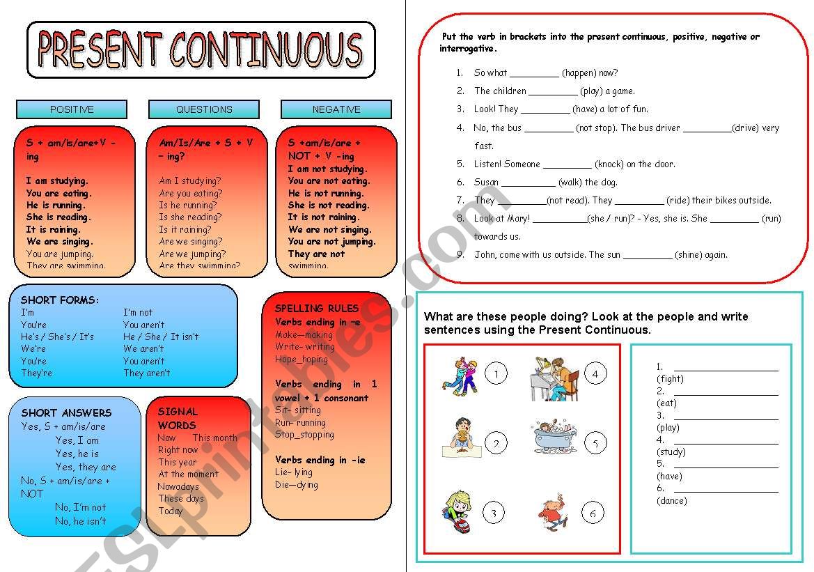Present Continuous: grammar guide and two activities