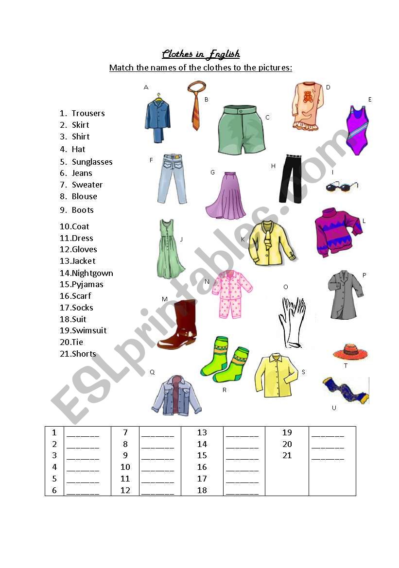 Clothes in English worksheet