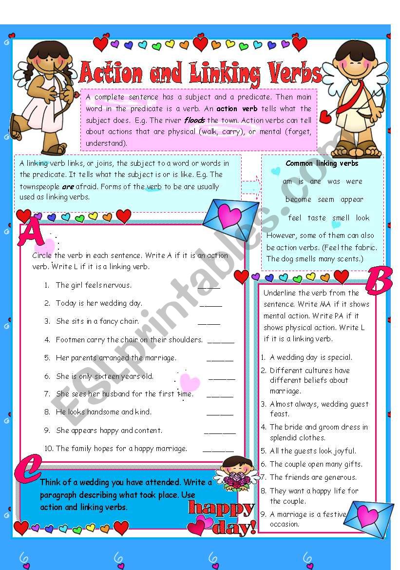 Action Linking Verbs EDITABLE ANSWER KEY INCLUDED ESL Worksheet By Tech teacher