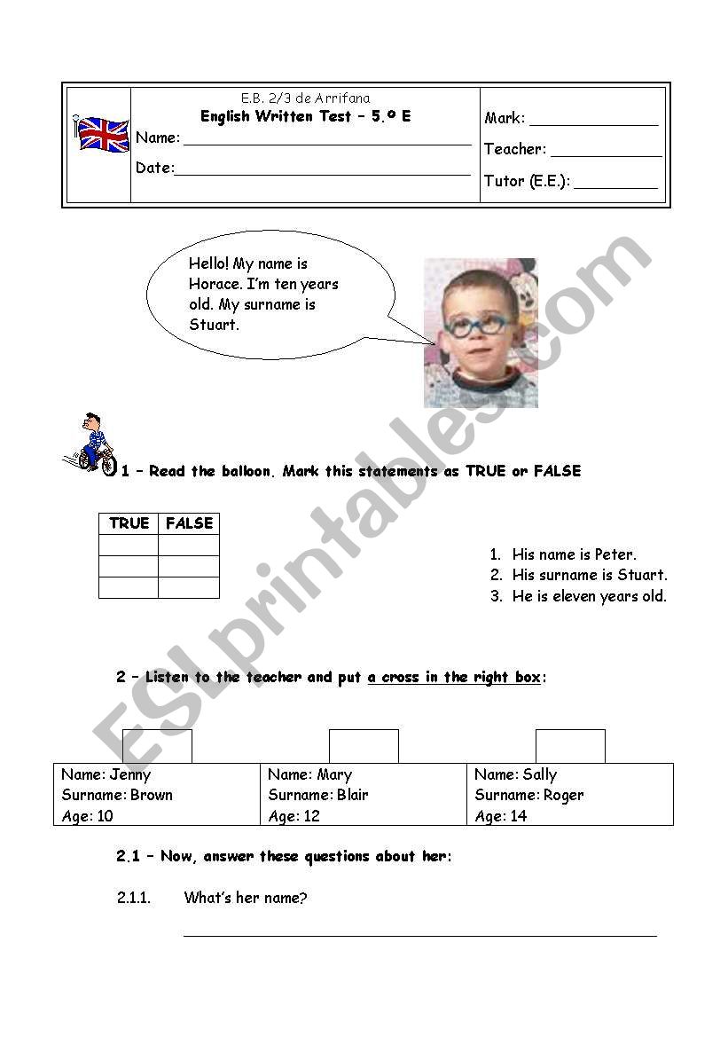English Written Test worksheet