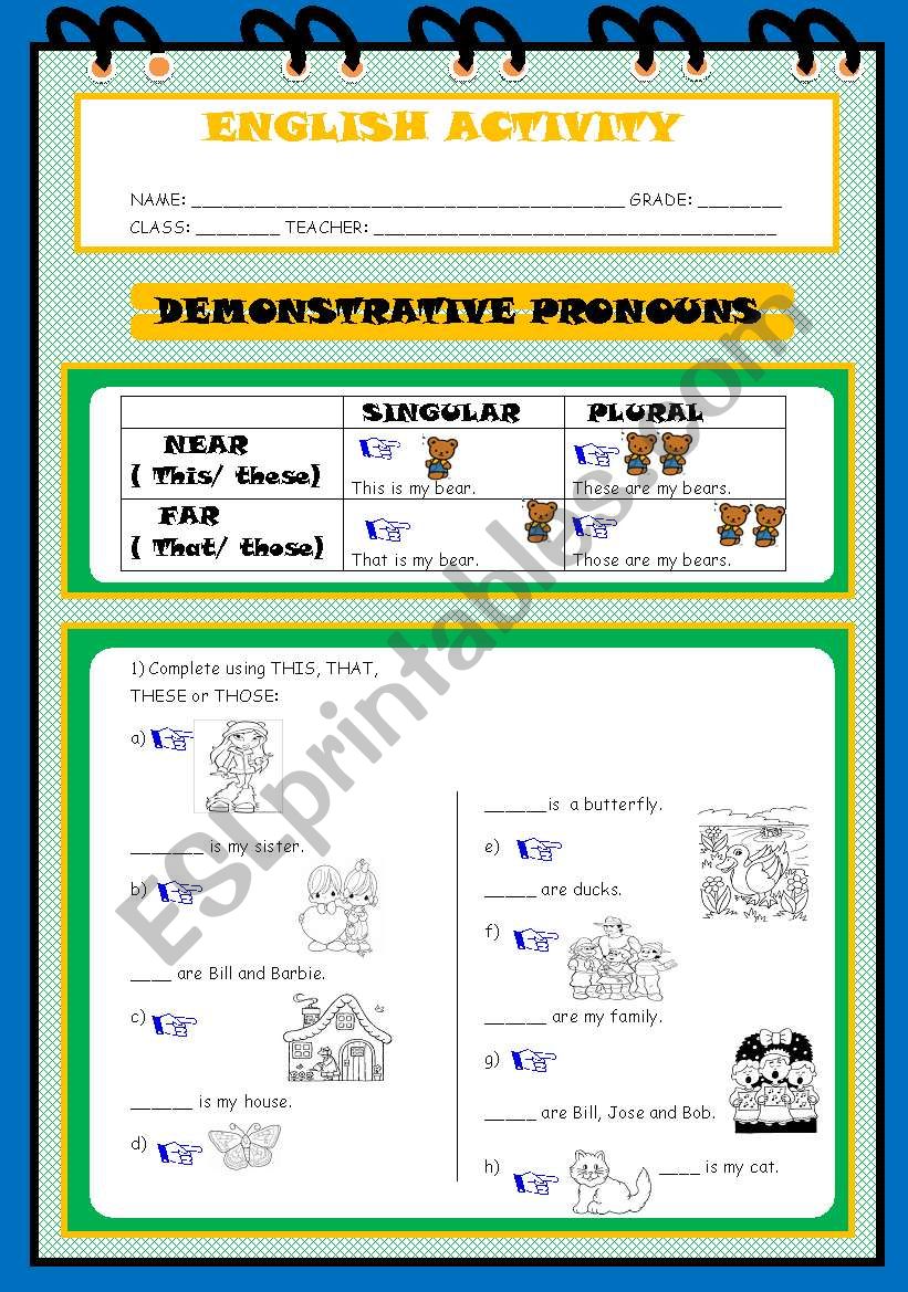 DEMONSTRATIVES  PRONOUNS worksheet