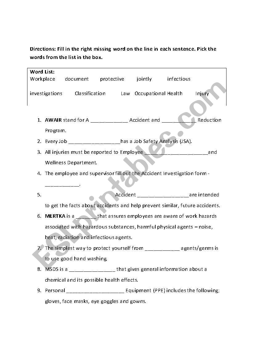 Safety Training Cloze worksheet