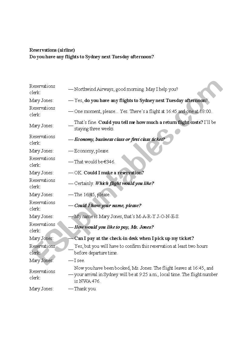 flight reservation worksheet