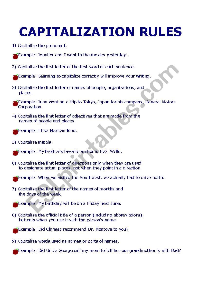 capitalization rules worksheet