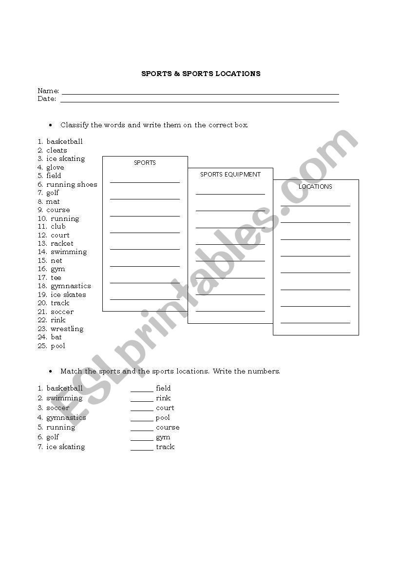 Sports & Sports locations worksheet