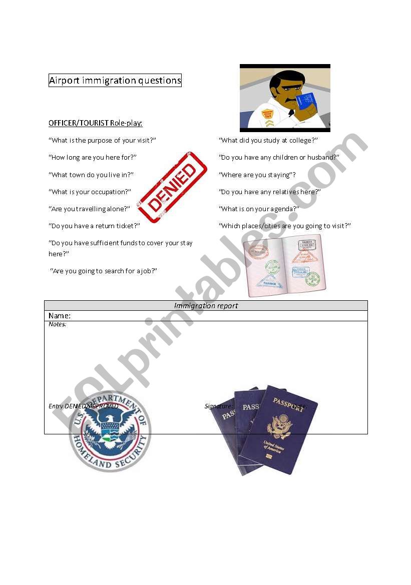 Airport Immigration-Role play worksheet