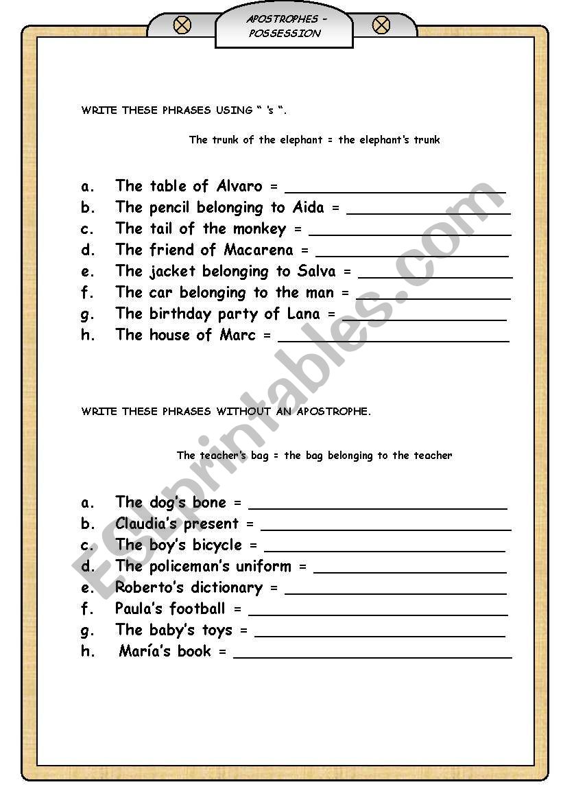  APOSTROPHES  POSSESSION worksheet