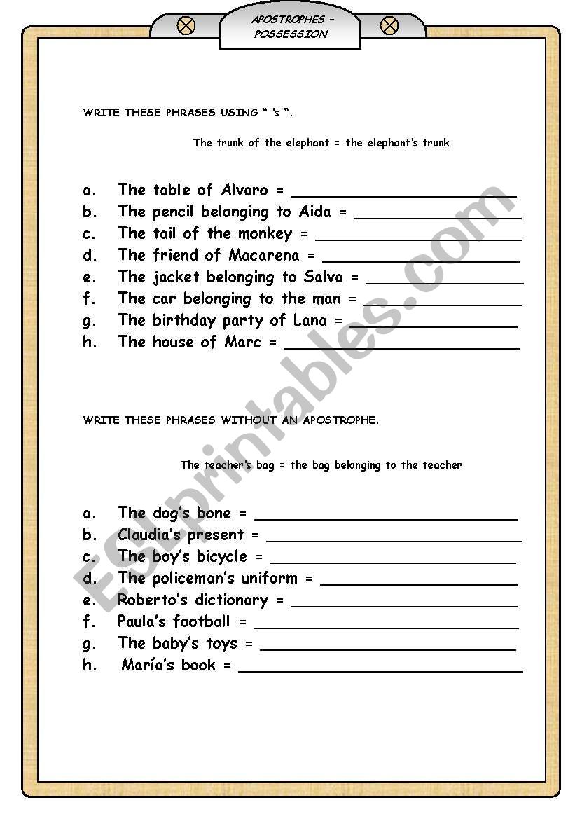  APOSTROPHES â€“ POSSESSION worksheet