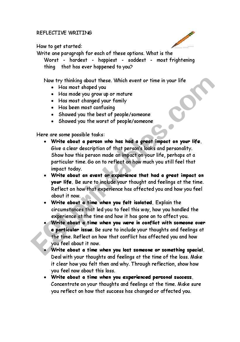 reflective writing worksheet