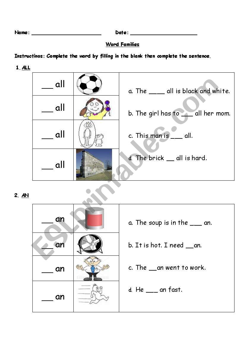 Word Families - _at, _all, _an