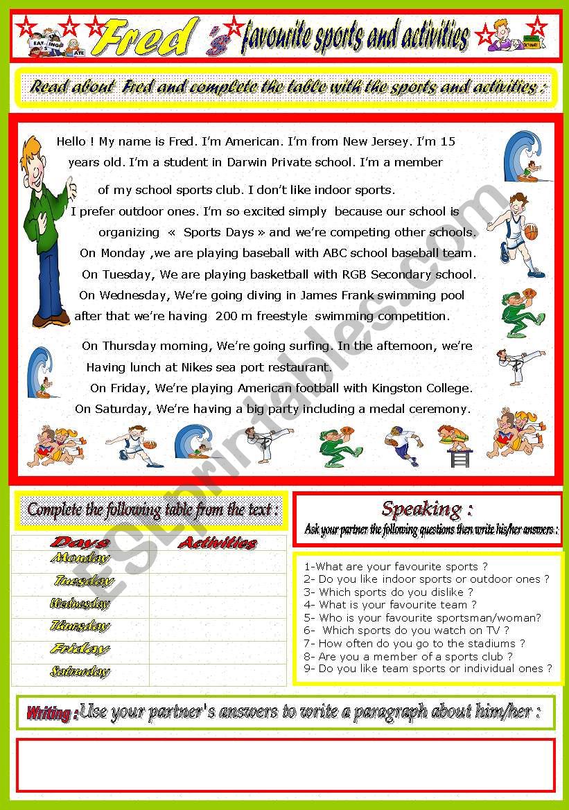 FredÂ´s favourite sports worksheet
