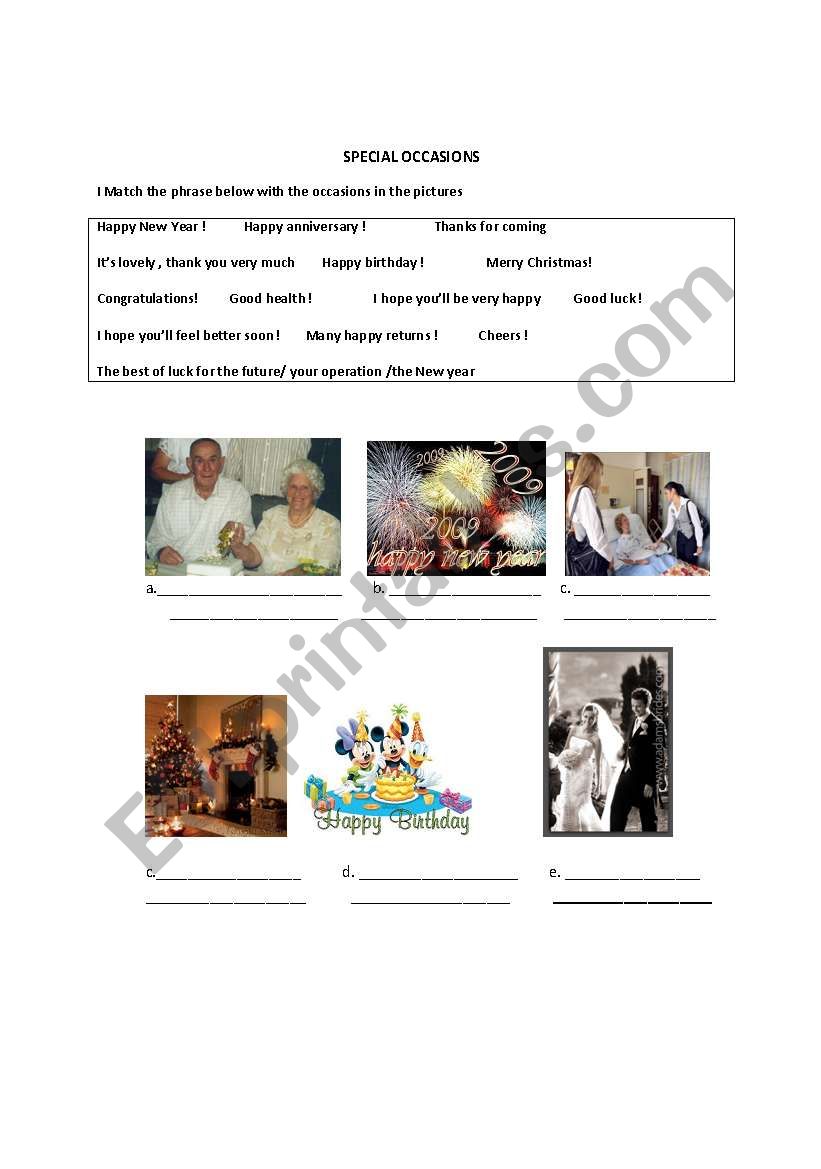Special occasions worksheet