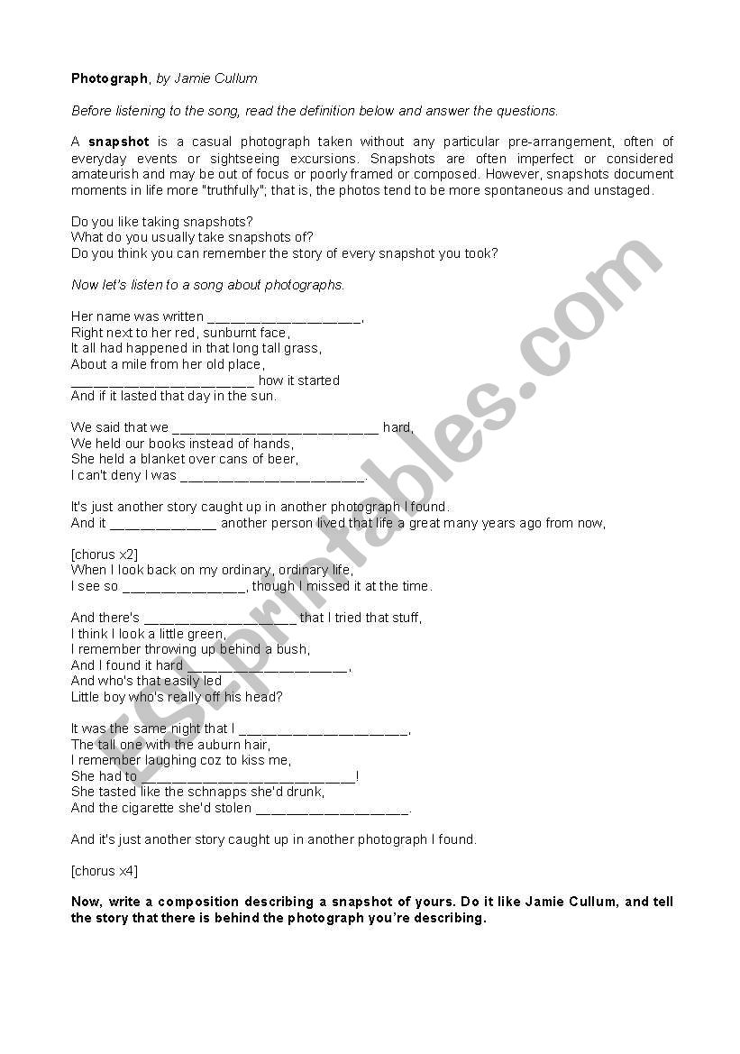 Photograph, by jamie cullum worksheet