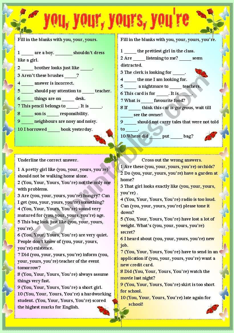 YOU, YOUR, YOURS, YOUÂ´RE (WITH B/W AND ANSWER KEY)