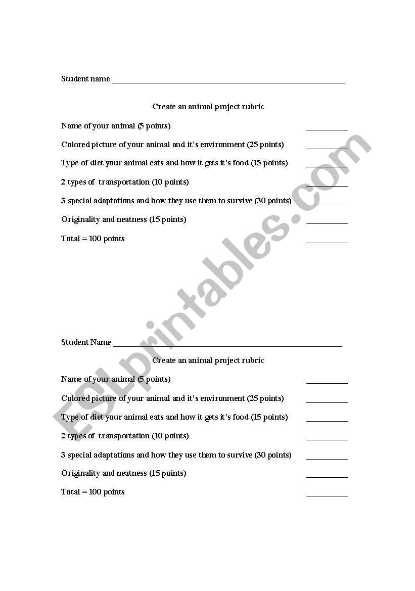 Create an animal rubric worksheet