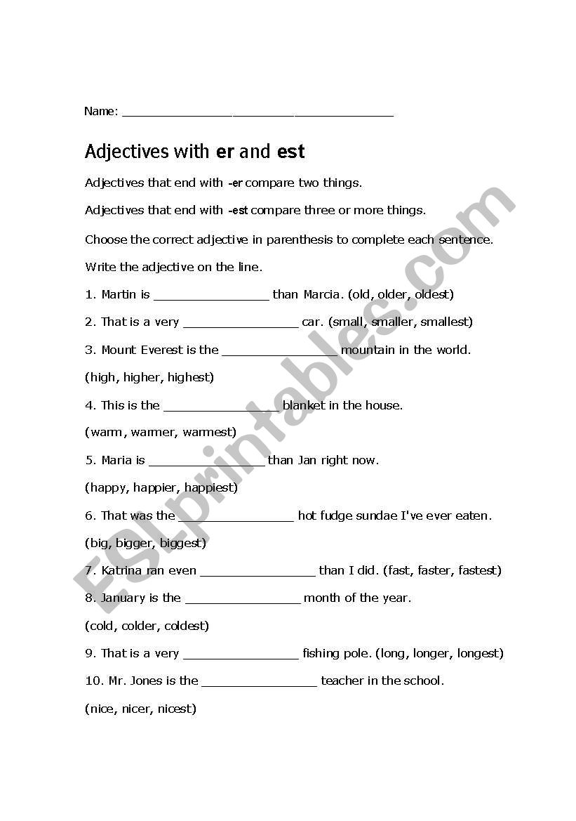 Adjectives that compare worksheet