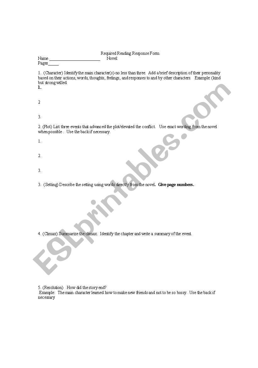 Required Reading Form worksheet