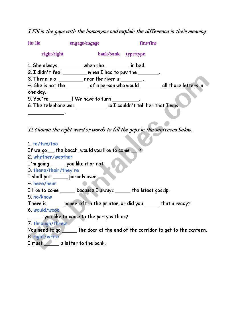 Homonyms and homophones worksheet