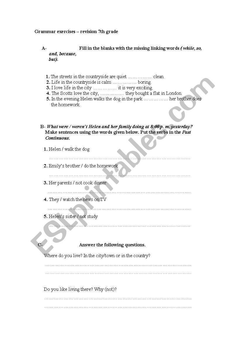 grammar revision exercises for 7th grade learners