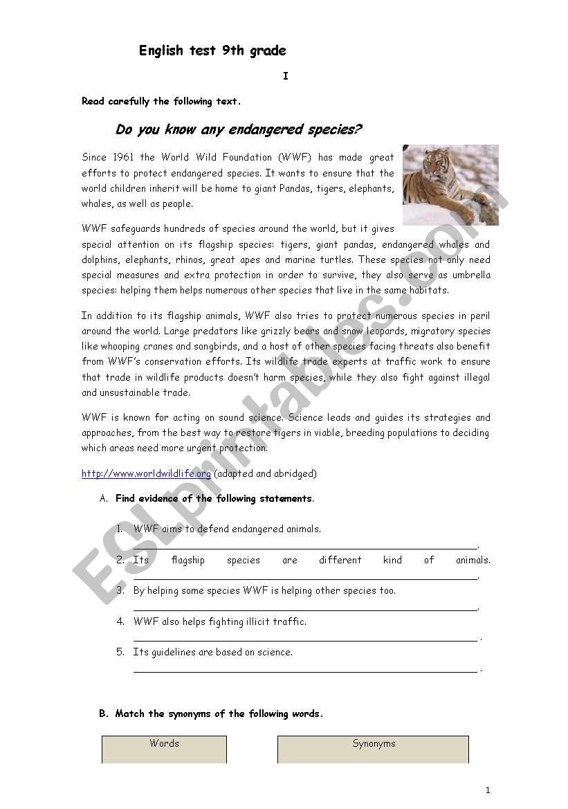 english test /worksheet about endangered species