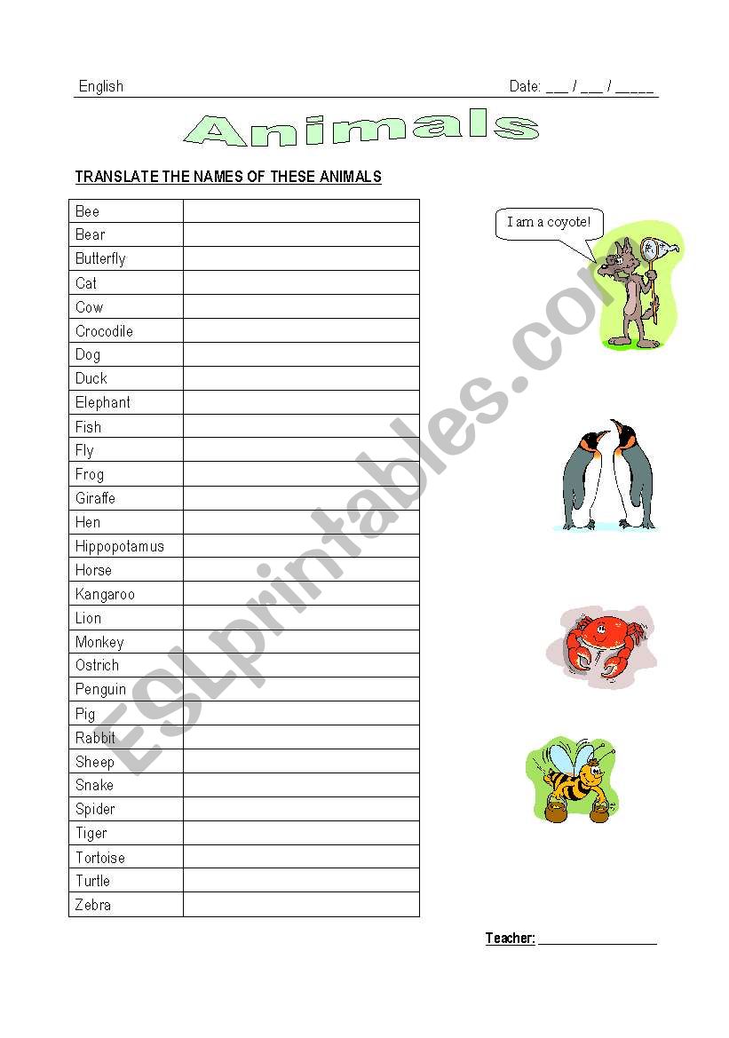 Animals dictionary search worksheet