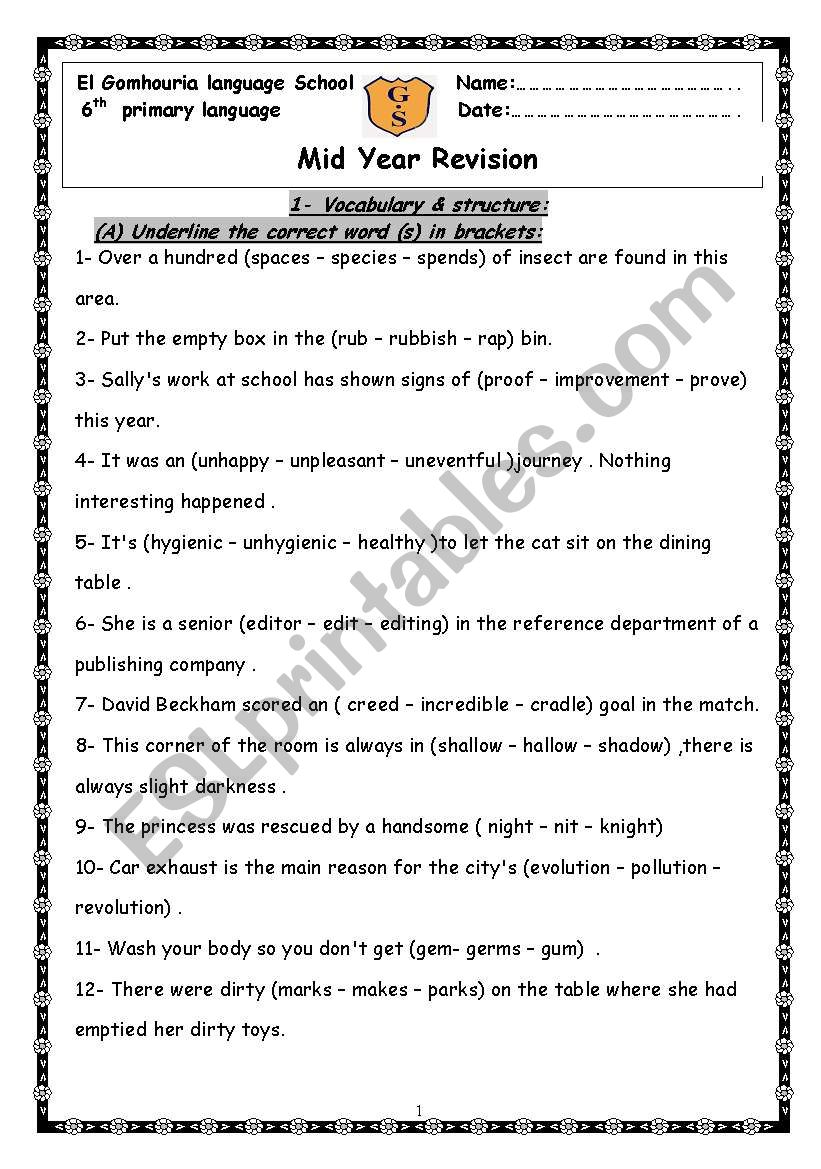 mid term revision sheet for 6th primary 