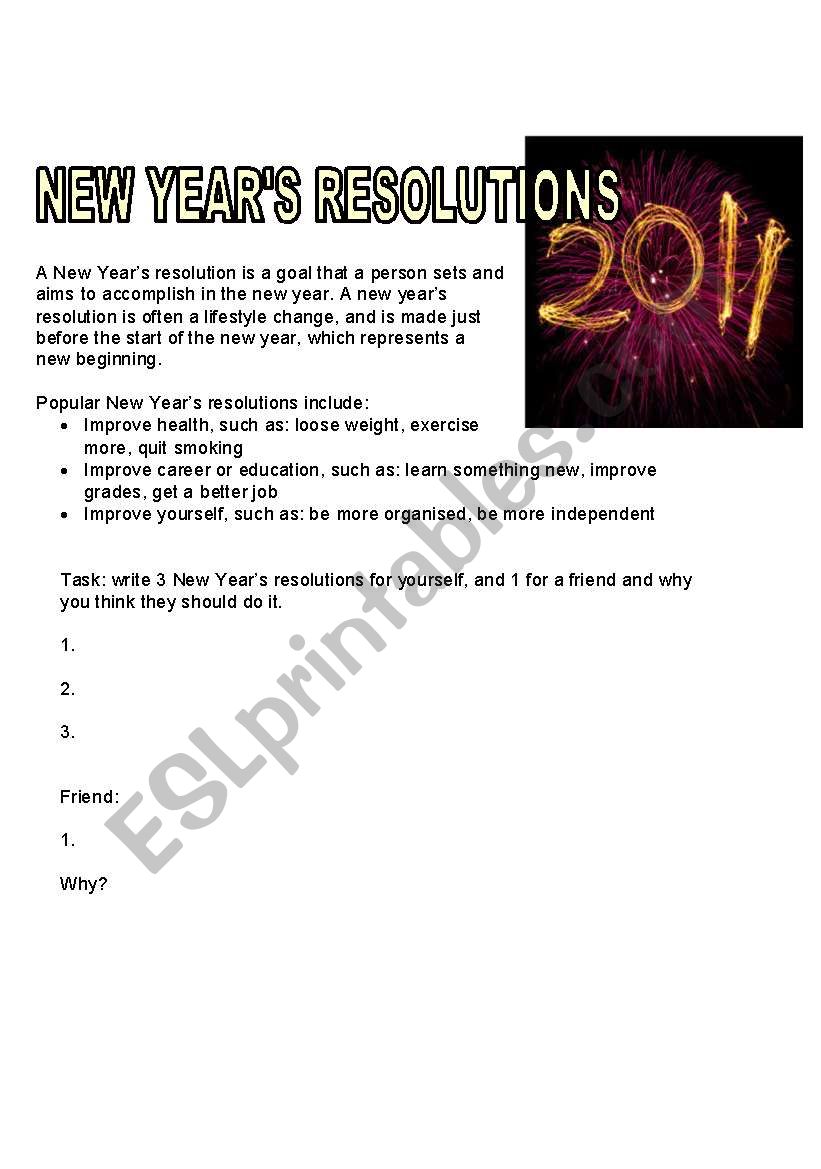 New Years Resolutions worksheet
