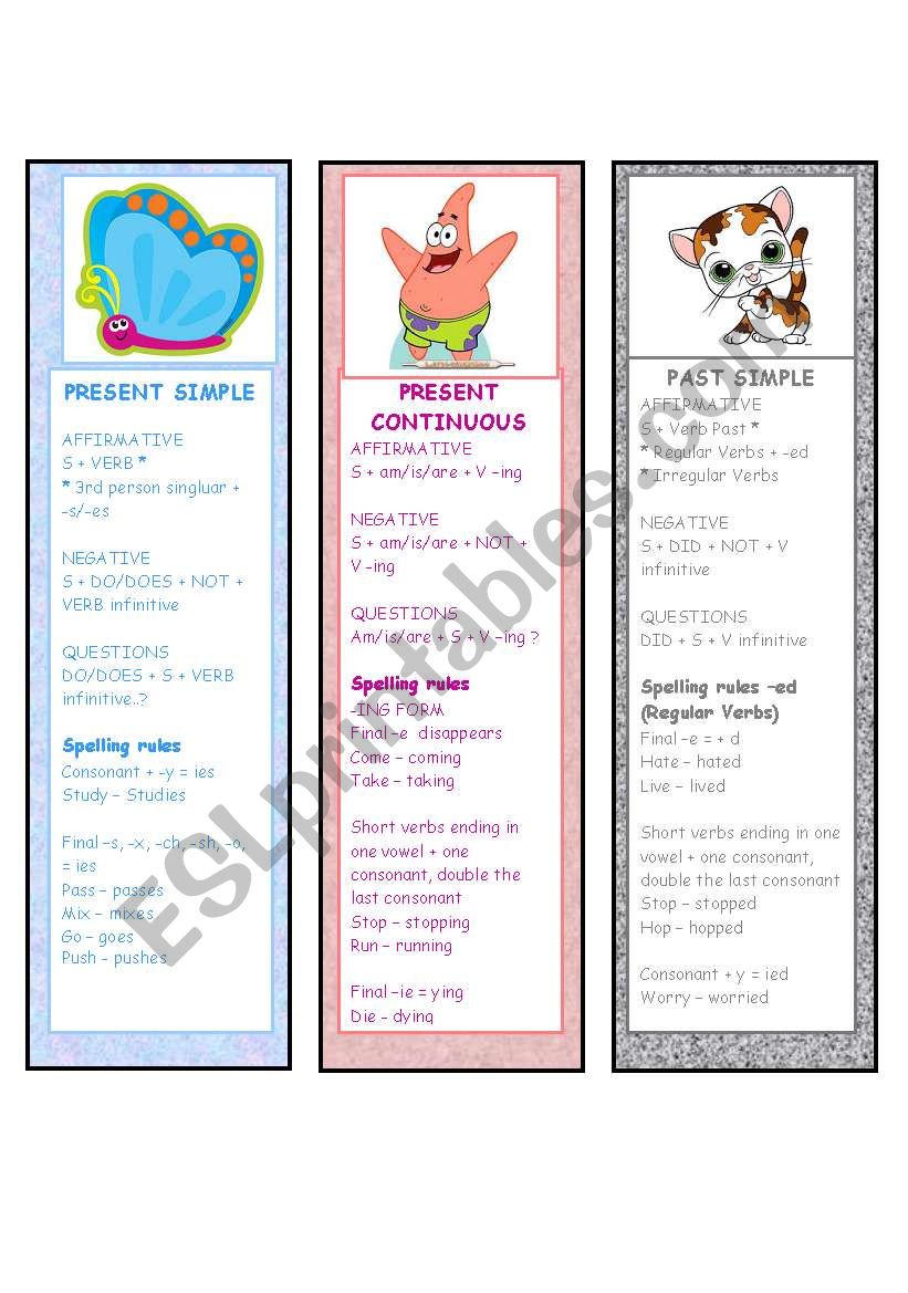 6 BOOKMARKS: Present Simple, Present Continuous, Past simple, Past Continuous,Ordinal numbers 1-50 and Days, Months and seasons.