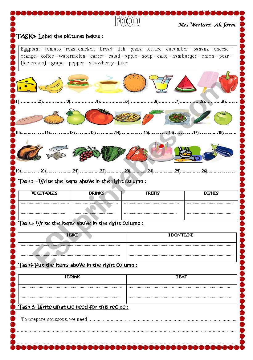 food worksheet