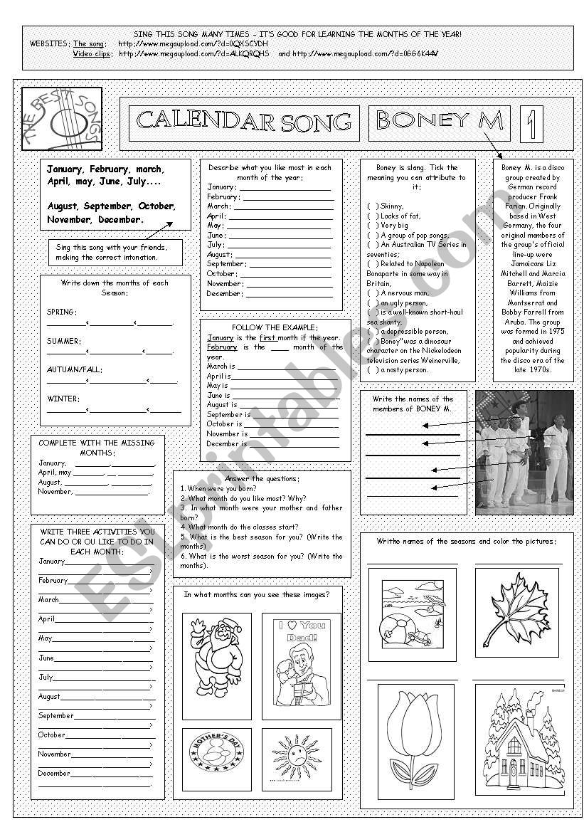 THE CALENDAR SONG - BONEY M - ONE PAGE - FULLY CORRECTABLE AND FULLY EDITABLE