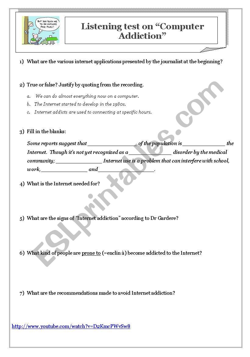 Internet / Computer addiction worksheet