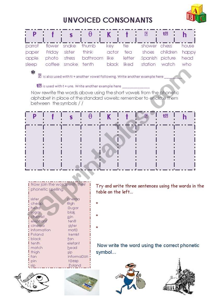 Unvoiced consonants phonetics worksheet