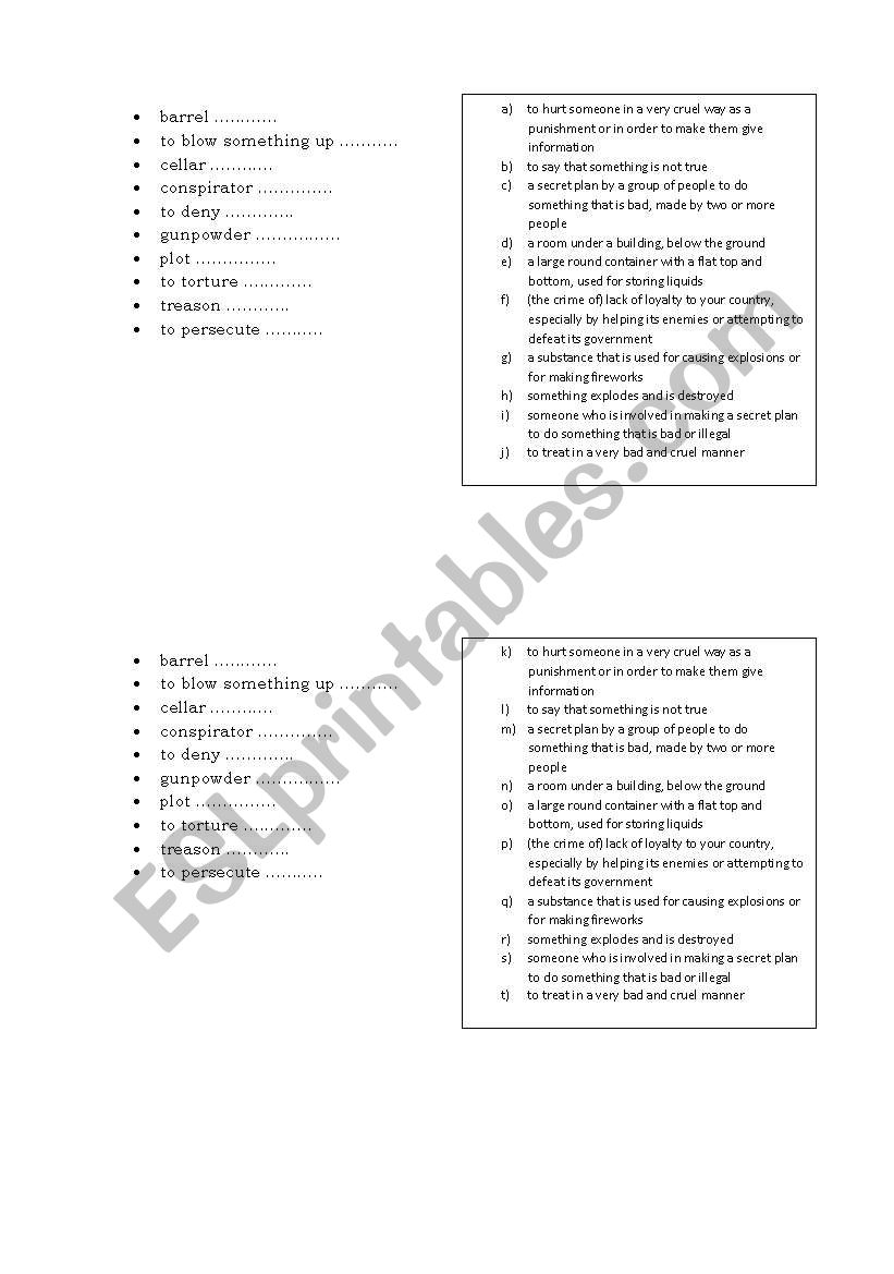 Vocabulary matching connected with Gunpowder Plot 