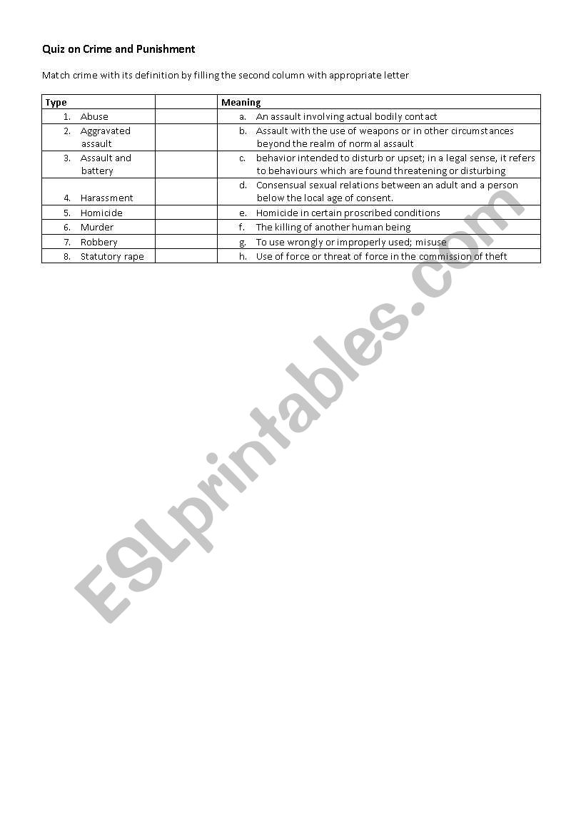 test on crime and punishment worksheet