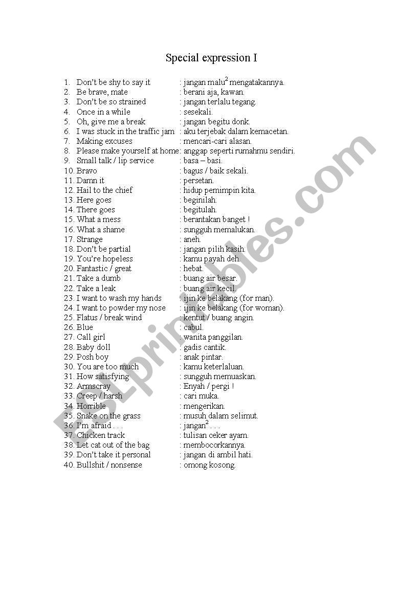 Special Expression worksheet