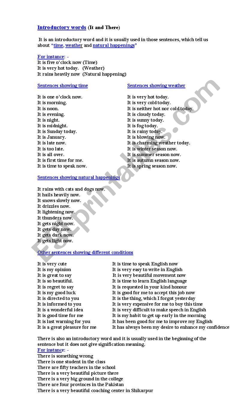 Introductory words worksheet