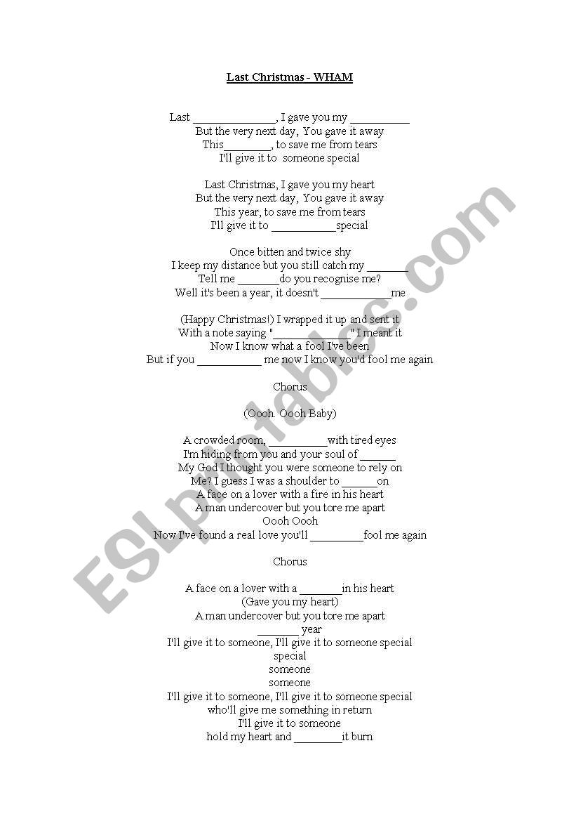 Last Christmas - Lyrics sheet worksheet