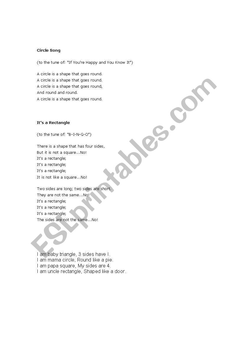 shape song  worksheet