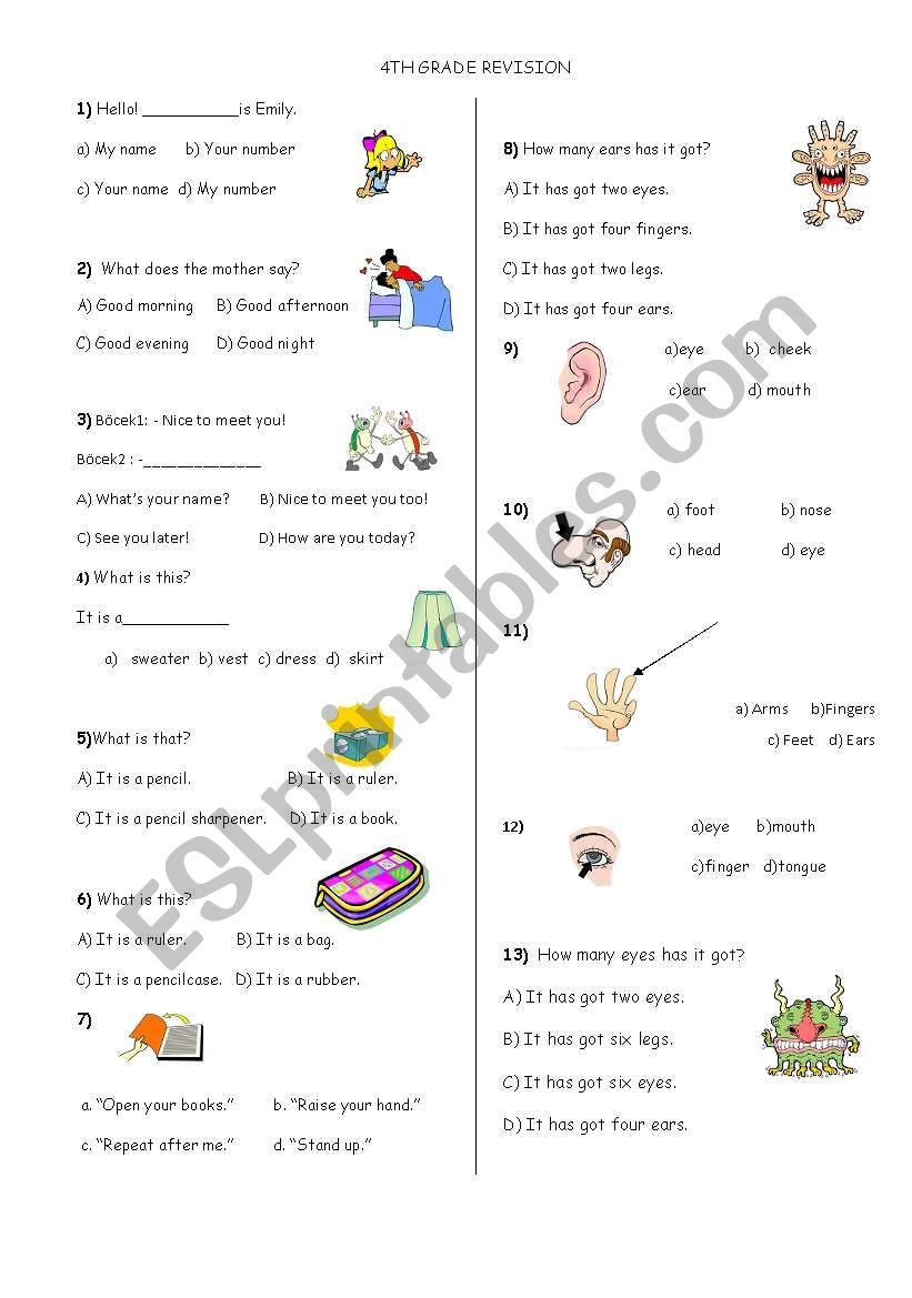 4th Grade revision test worksheet