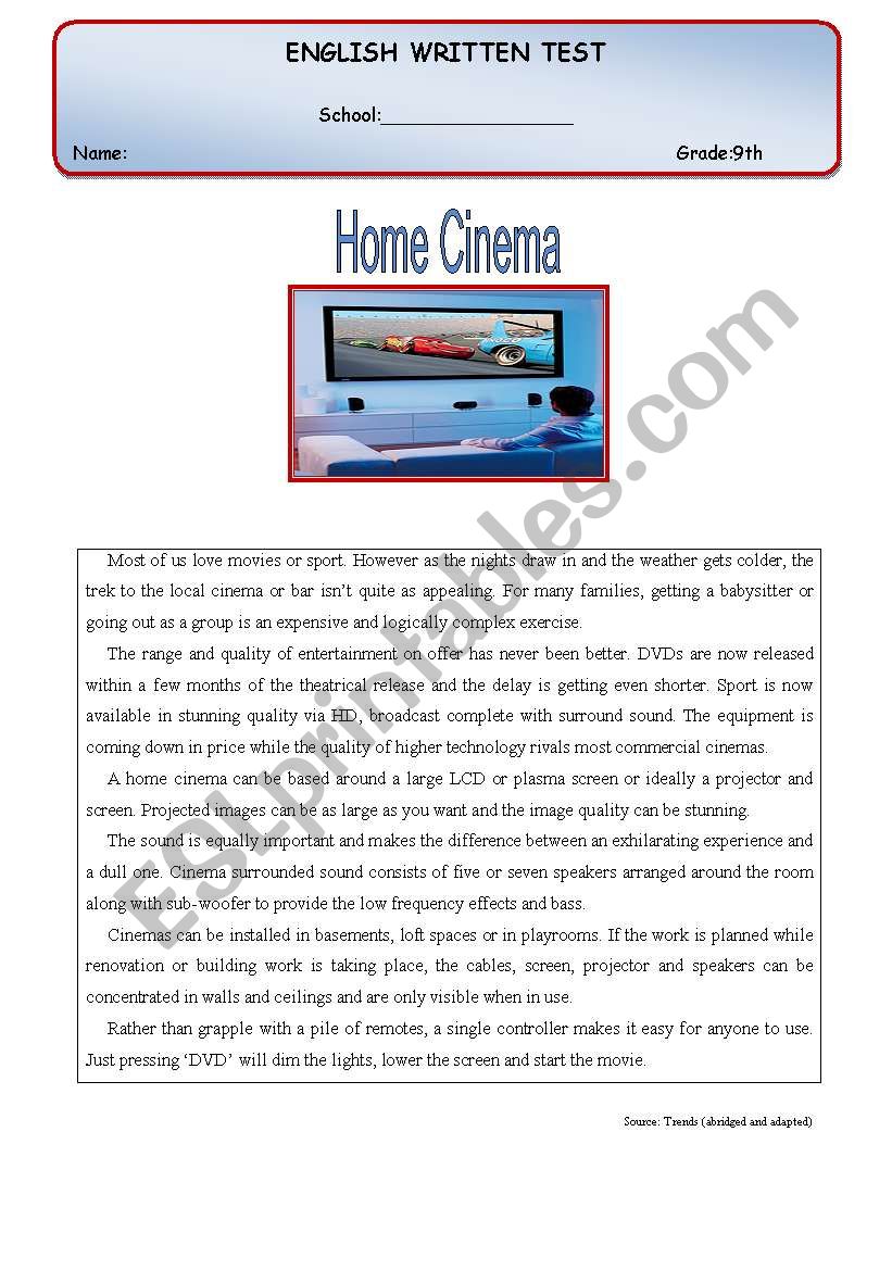 Test - Home cinema worksheet