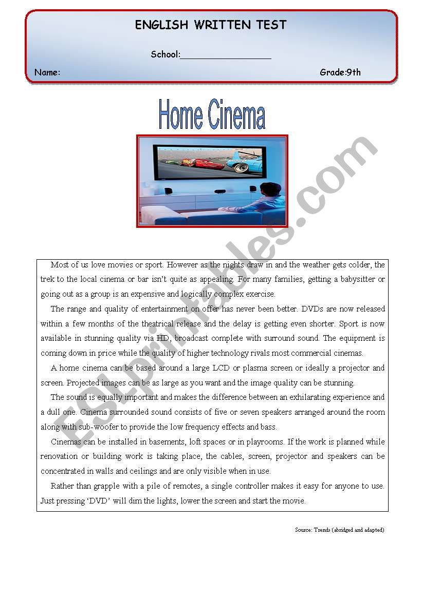 Test - Home cinema worksheet