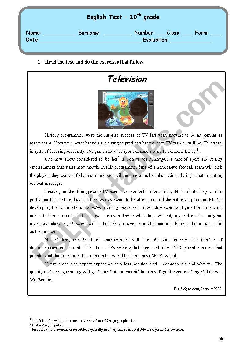 Test - Television worksheet