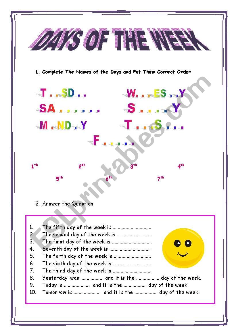 DAYS OF THE WEEK ( 2 pages ) worksheet