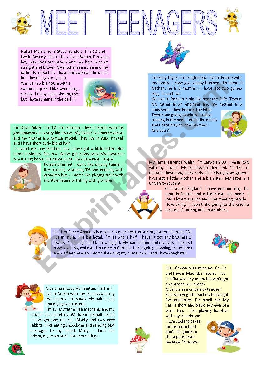 MEET  TEENAGERS  ( 2 pages ) worksheet