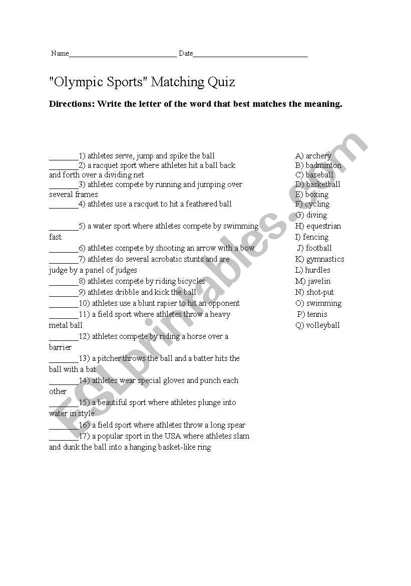 Olympic sports worksheet